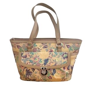Etienne Aigner Tan Floral Canvas Leather Tote